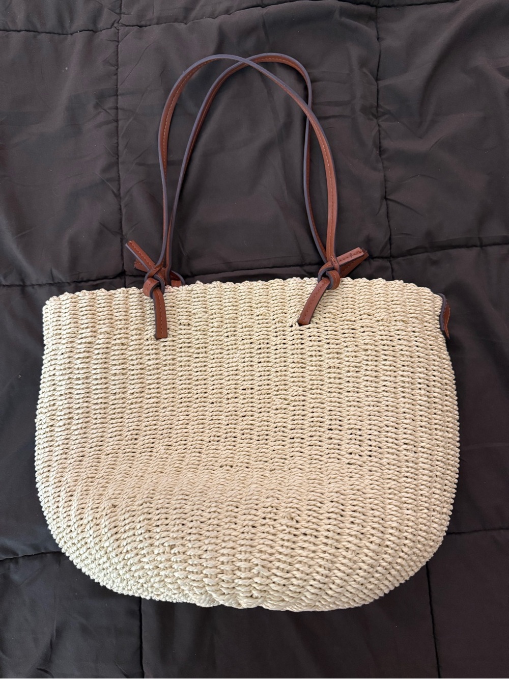 Mango Woven Straw Raffia Tote Bag Cream Leather Handles Summer Beach Bag - Picture 2 of 5